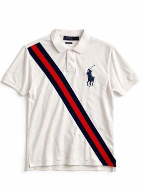 Vintage Ralph Lauren Polo Shirt White w/ Red & Navy Stripe Big Pony Logo Size M
